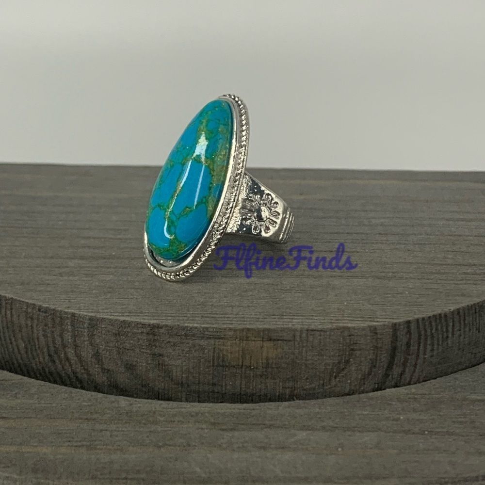 🌞925 Sterling Tibetan Silver Marquis cut Created Turquoise Cabochon Stone Ring - Picture 9 of 16